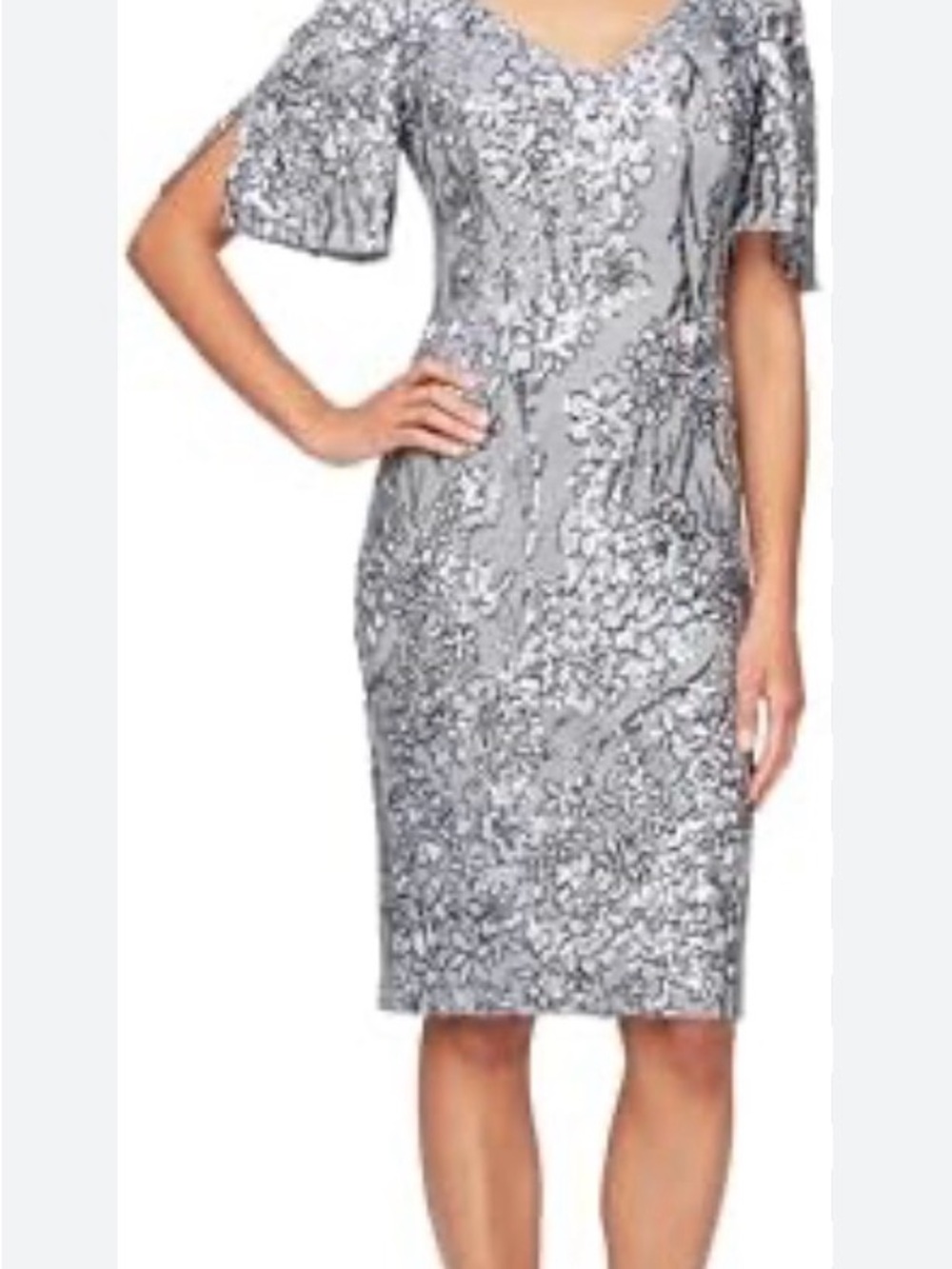 Alex Evenings Silver Lace V-Neck Midi Dress